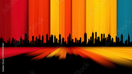 Vibrant urban skyline silhouette against colorful vertical stripes, symbolizing creativity and energy in modern city