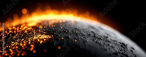 stunning cosmic landscape featuring planet with textured surface and glowing orange particles, evoking sense of wonder and exploration
