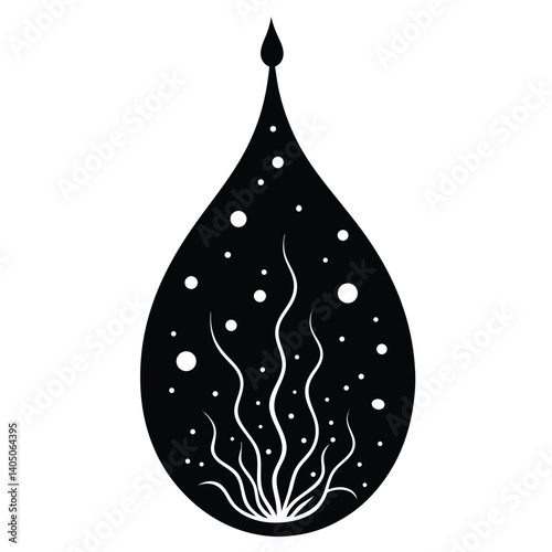 Abstract Black and White Water Drop Illustration: Bubbles, Plants, and Organic Design - Vector Graphic for Web and Print