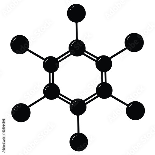 Benzene Ring Structure Illustration: Chemical Compound Diagram with Carbon Atoms and Double Bonds, Scientific Education, Black and White Graphic