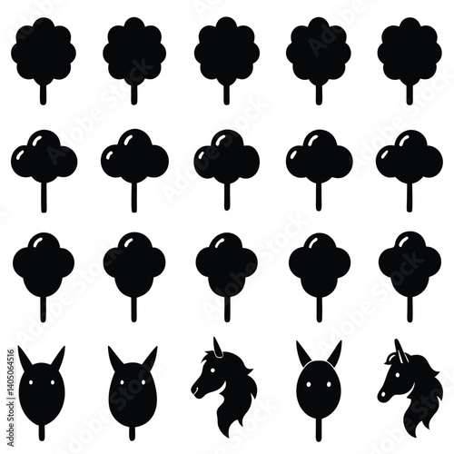 Cartoon vector set of cute animal icons and tree silhouettes nature illustration