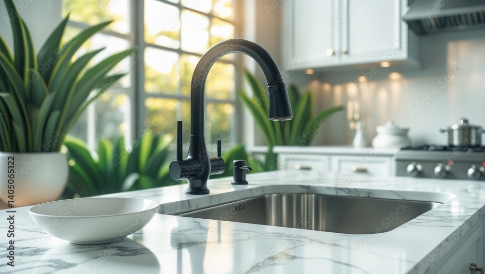 A kitchen setup featuring cabinets, a faucet, appliances, decor on a marble countertop, and a tile backsplash.