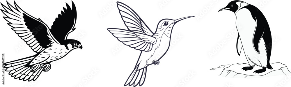 Fototapeta premium Tall Emperor Penguin, Swift Peregrine Falcon, and Tiny Hummingbird in Motion