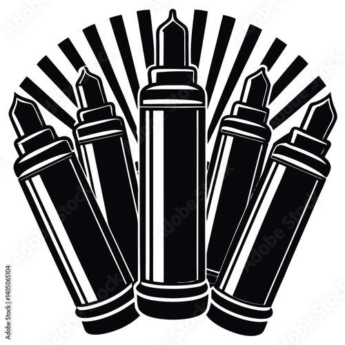 Black and White Marker Set Illustration: Art Supplies, Graphic Design, Sketching Tools, Vector Image, Stationery Items