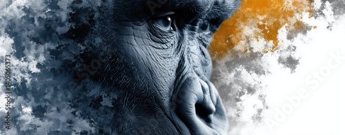 striking digital illustration showcasing close up of gorilla face, emphasizing its expressive features and textured skin, surrounded by blend