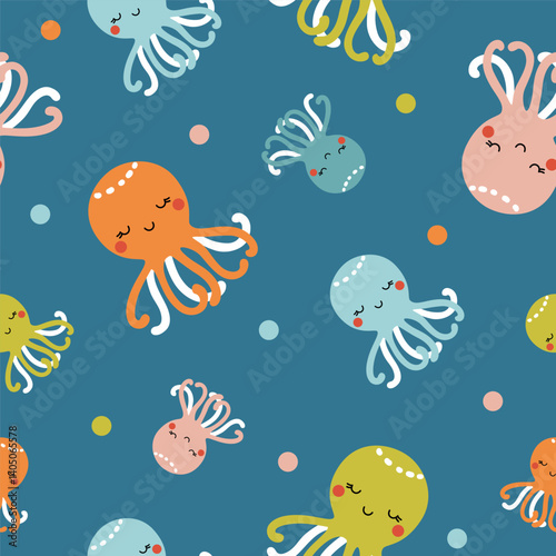 Cute cartoon octopus seamless vector pattern.