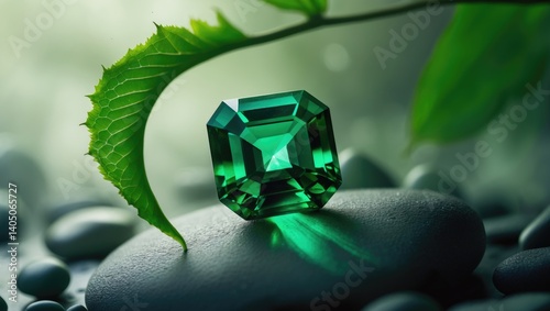 An emerald green gem resting on a leaf
