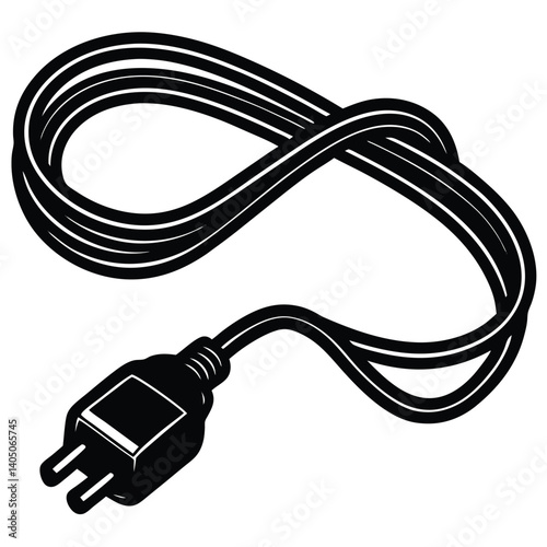 Black and White Vector Illustration of an Electrical Cord with Plug, Power Cable, Appliance Wire, Simple Graphic Design Element