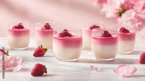 Wallpaper Mural Elegant panna cotta dessert with fresh strawberries served in clear glasses on white marble table, pastel pink background and soft natural light emphasize the creamy, fluffy, and inviting texture. Torontodigital.ca