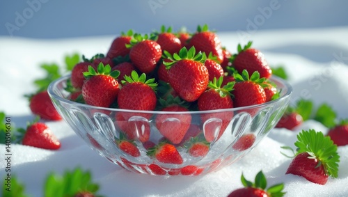 A glass bowl filled with fresh strawberries. Isolated