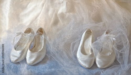 Elegant, satin wedding shoes rest on sheer bridal fabric.