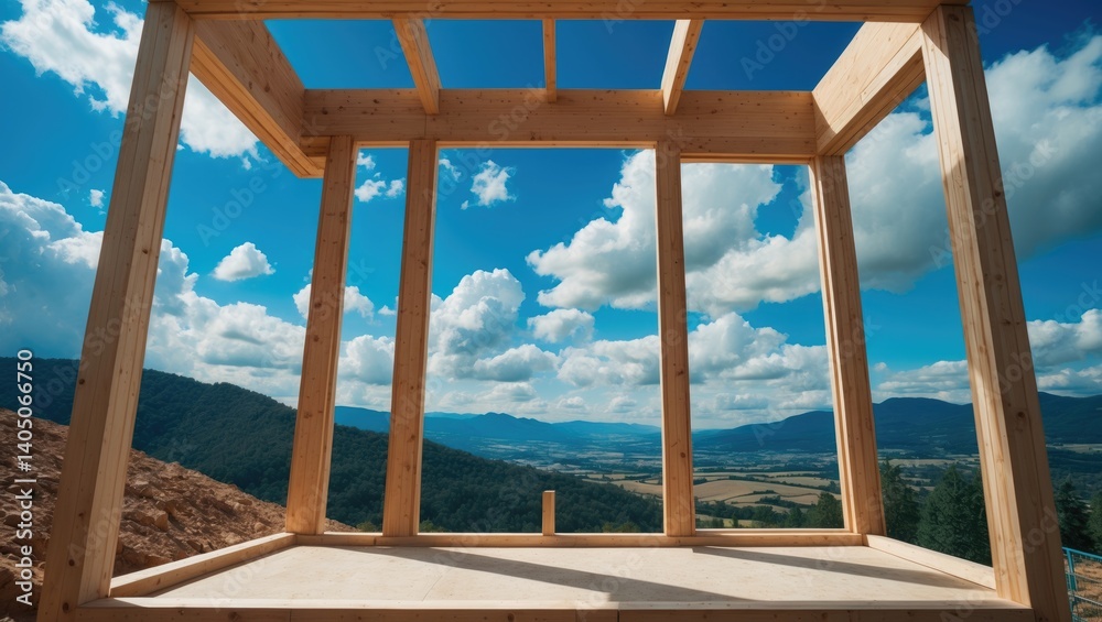 Newly framed construction on a hillside offering a view of the valley