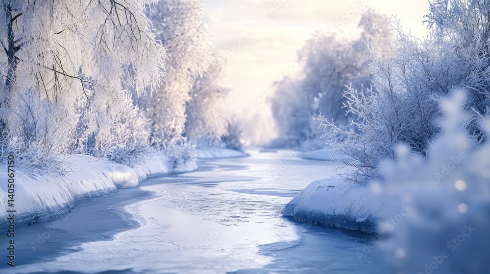 Fototapeta premium Frozen River in Winter Wonderland: A Serene Winter Scene