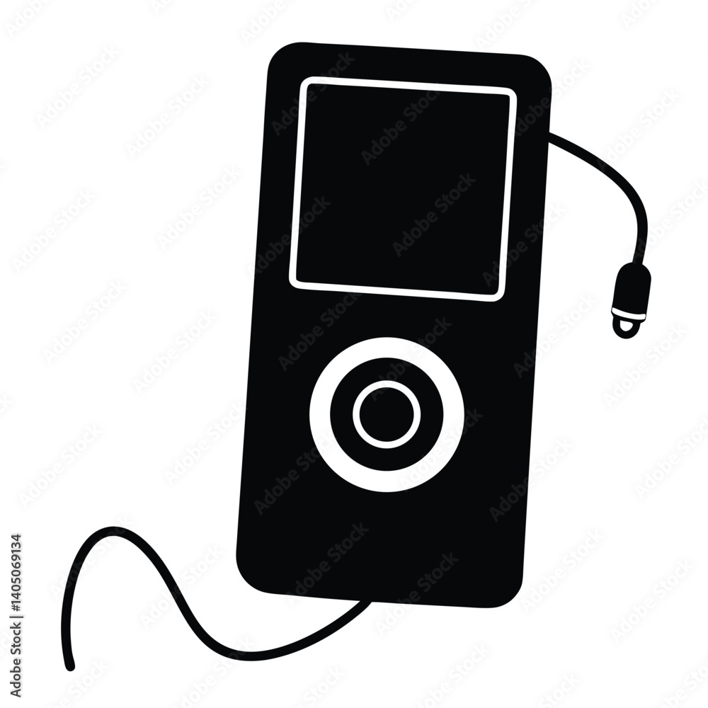 Black and White Cartoon iPod Illustration: Retro Music Player Graphic for Nostalgia, Technology, and Vintage Audio Designs