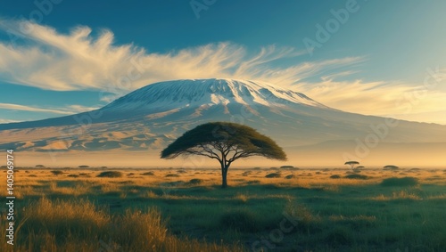 An impressive vista of a snow-draped mountain above the savannah.
