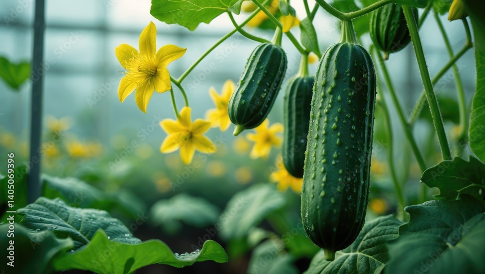 A tiny cucumber. Cucumber blossom opens in a greenhouse during spring.