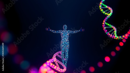 Glowing human figure made of multicolored dots emerging from vibrant dna helix on dark background