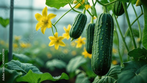 Obraz na płótnie A tiny cucumber. Cucumber blossom opens in a greenhouse during spring. w salonie