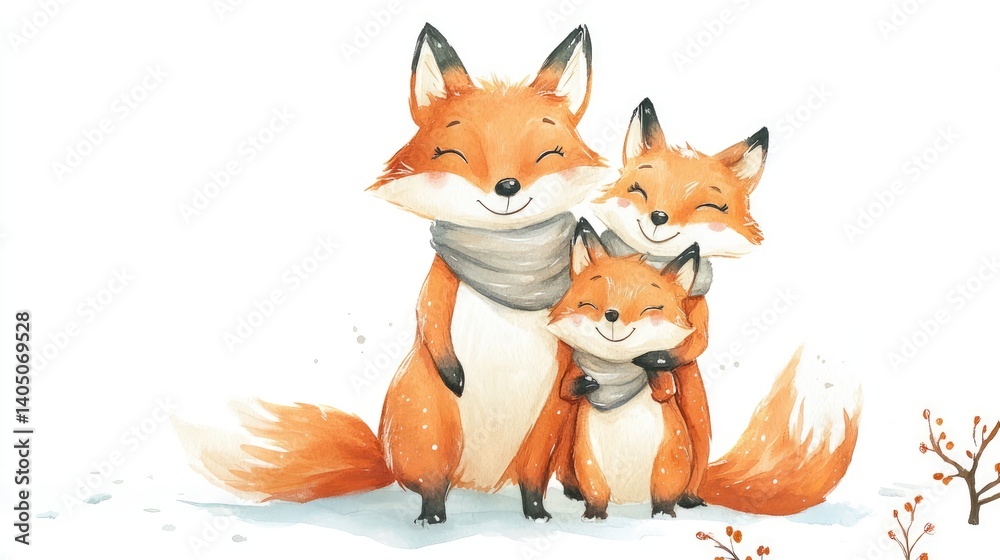 Fototapeta premium Adorable Illustration of Family of Foxes Cuddling Together in Snow Watercolor
