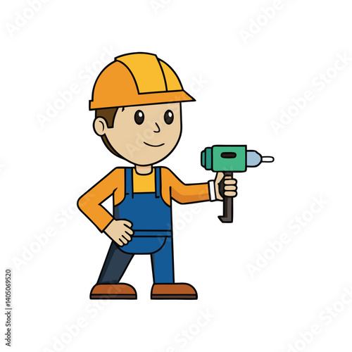 Construction worker using electric drill wearing helmet and safety gear