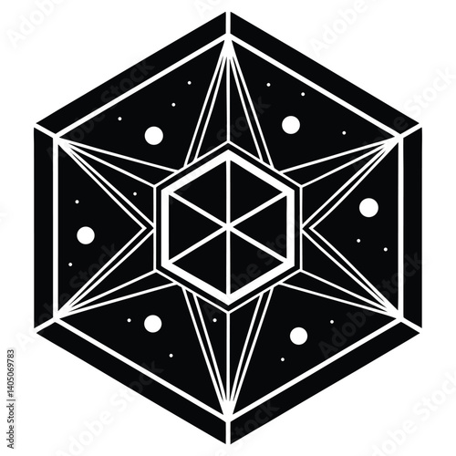 Abstract Geometric Hexagon Star Vector Art: Black and White Intricate Design, Modern Mandala Style Illustration, Decorative Pattern