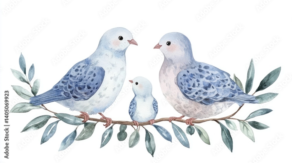Family of Three Birds on a Branch with Green Leaves in Watercolor Family of Three Birds on a Branch with Green Leaves in Watercolor