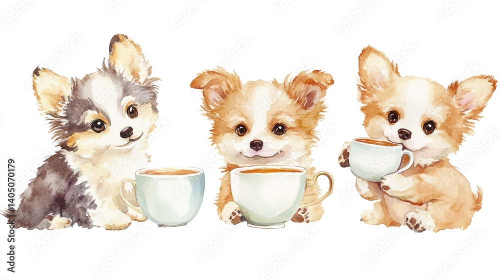 Adorable puppies enjoying cups of tea in a cute watercolor style Adorable puppies enjoying cups of tea in a cute watercolor style