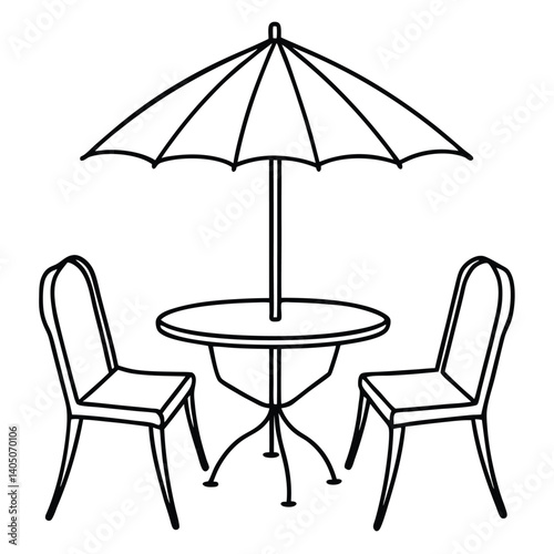 Outdoor patio dining set line art with table and umbrella illustration