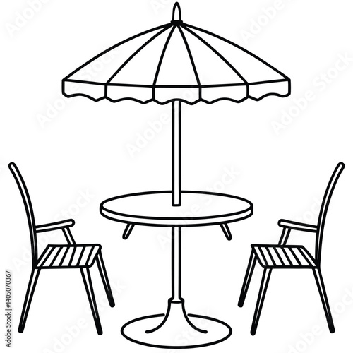 Simple patio dining set outline with umbrella and two chairs