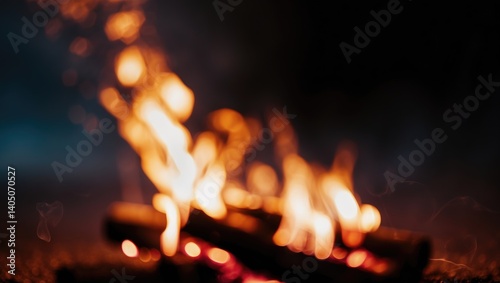 A defocused campfire featuring warm tones intertwining, producing a gentle and luminous ambiance against a dark background.