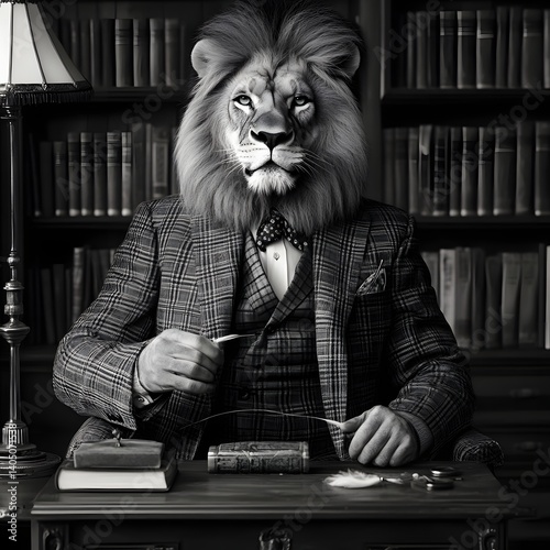 Lion in Suit: A regal lion, his majestic mane framing a human-like face, sits in a tweed suit behind a desk in a study, creating a surreal and intriguing juxtaposition of animal and human worlds. 