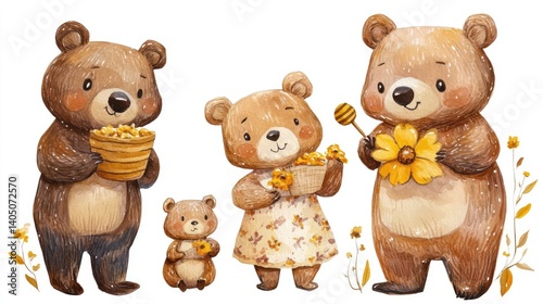 Cute Cartoon Bears Collecting Flowers in a Bright Floral Scene Watercolor