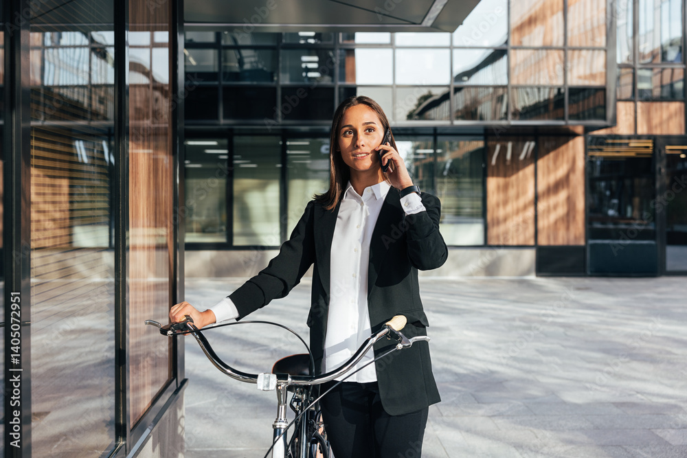 Fototapeta premium Confident female in formal wear with bicycle talking on mobile phone. A young female entrepreneur is talking on a mobile phone while standing with a bicycle in the courtyard of a business building.