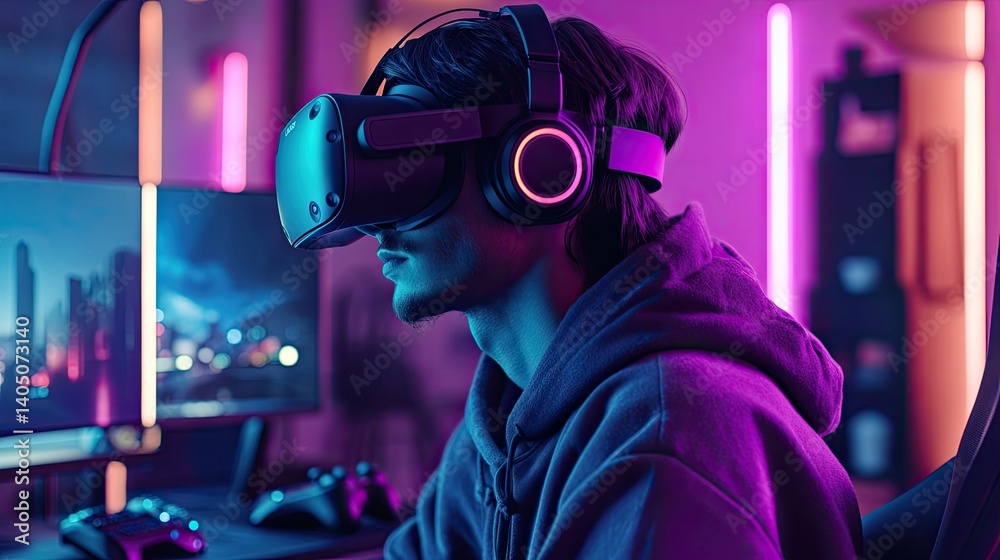 Virtual Reality Gaming Experience with Neon Lights and Headset Virtual Reality Gaming Experience with Neon Lights and Headset