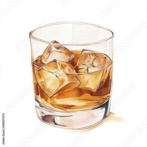 Watercolor illustration of whiskey glass with ice cubes in crystal glass