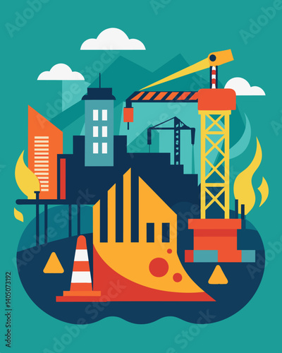 A visual of abandoned construction sites and halfbuilt projects showing the halt in development and investments during an economic decline.. Vector illustration