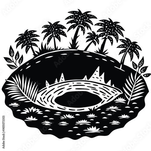 Black and White Woodcut Illustration of a Tropical Island with Palm Trees, Lagoon, and Lush Vegetation - Nature Art Print