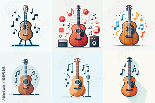 guitar vector standing amidst scattered music notes