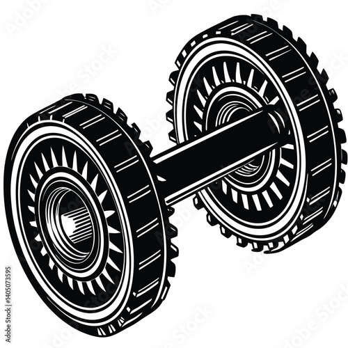 Gear Assembly Illustration: Black and White Vector Drawing of Mechanical Gears on Shaft for Engineering and Automotive Design Projects