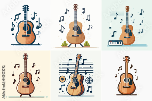 guitar vector standing amidst scattered music notes