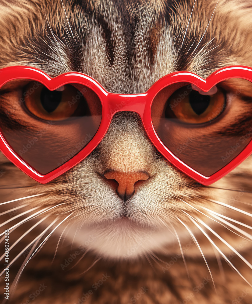 Cat wearing red heart shaped sunglasses, closeup detail. Generative AI