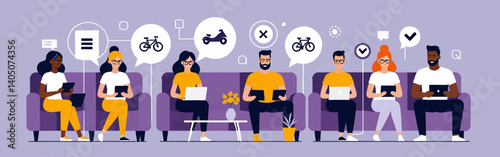 Diverse_group_on_purple_sofas_using_laptops_and_tablets_with_thought_bubbles_showing_bikes_scooters_cross_and_checkmarks_in_a_modern_setting
