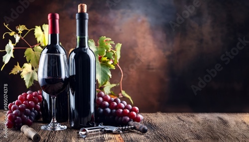 Two Red Wine Bottles With Glass Grapes and Corkscrew on Rustic Wooden Table. AI Generative