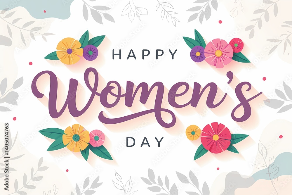 Obraz premium Happy Women's Day Card with Floral Decoration: A vibrant, festive card for International Women's Day, adorned with a variety of flowers and leaves and celebratory text, celebrating empowerment.