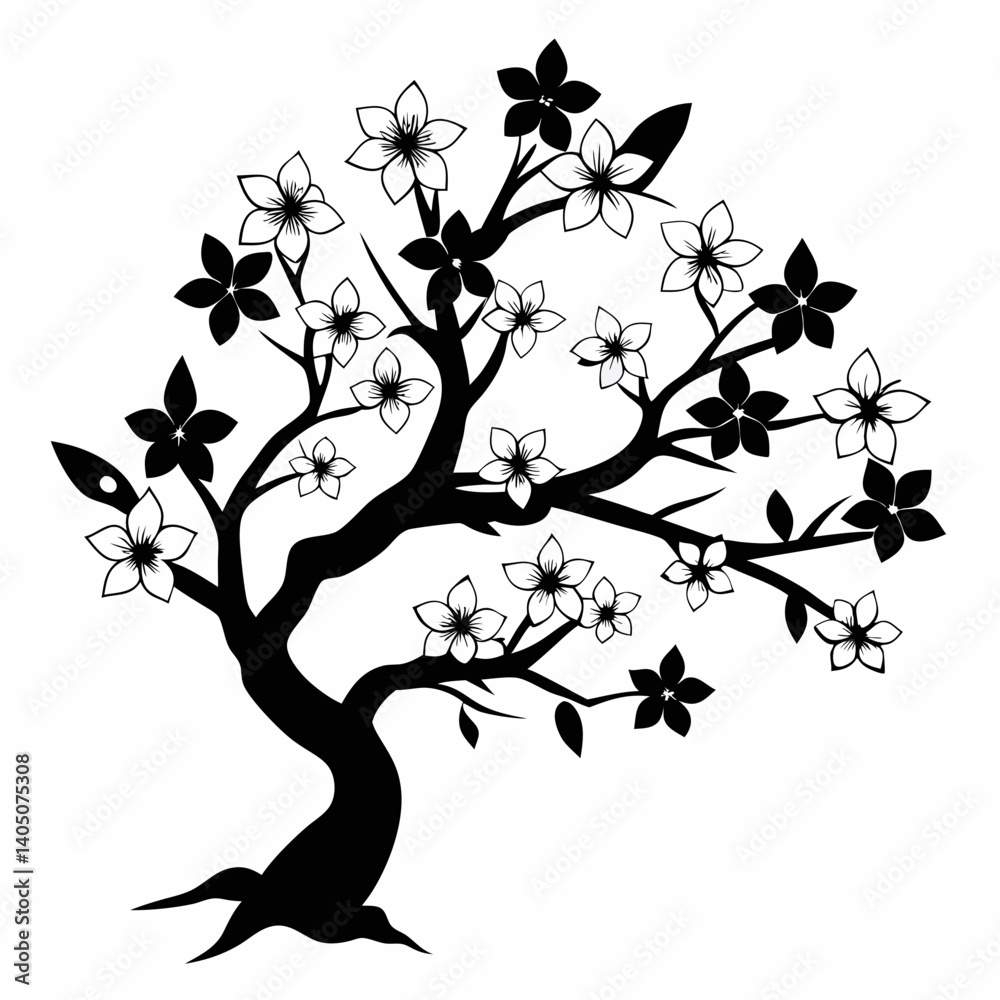 Fototapeta premium Cherry blossom vector black silhouette on white background
