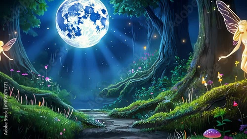 A luminous moon casts ethereal light on a magical forest inhabited by delicate winged figures, illuminating a winding path.