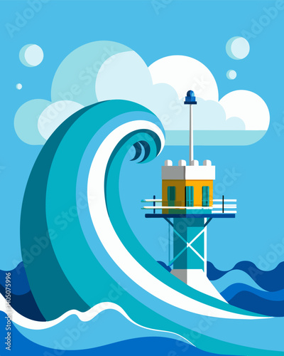 A wave energy converter that harnesses the power of ocean waves to generate electricity providing a sustainable and renewable option for coastal communities.. Vector illustration