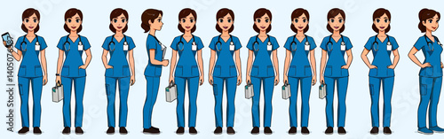Numerous_illustrations_of_a_brunette_nurse_in_various_poses_wearing_blue_scrubs_and_a_stethoscope,some_hold_bags_or_a_phone,against_a_light_blue_background