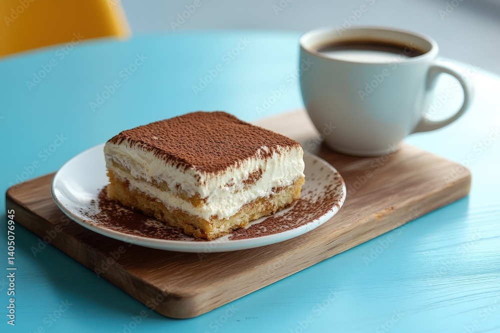 A delectable slice of tiramisu, dusted with cocoa powder, paired with a cup of coffee. A delectable slice of tiramisu, dusted with cocoa powder, paired with a cup of coffee.