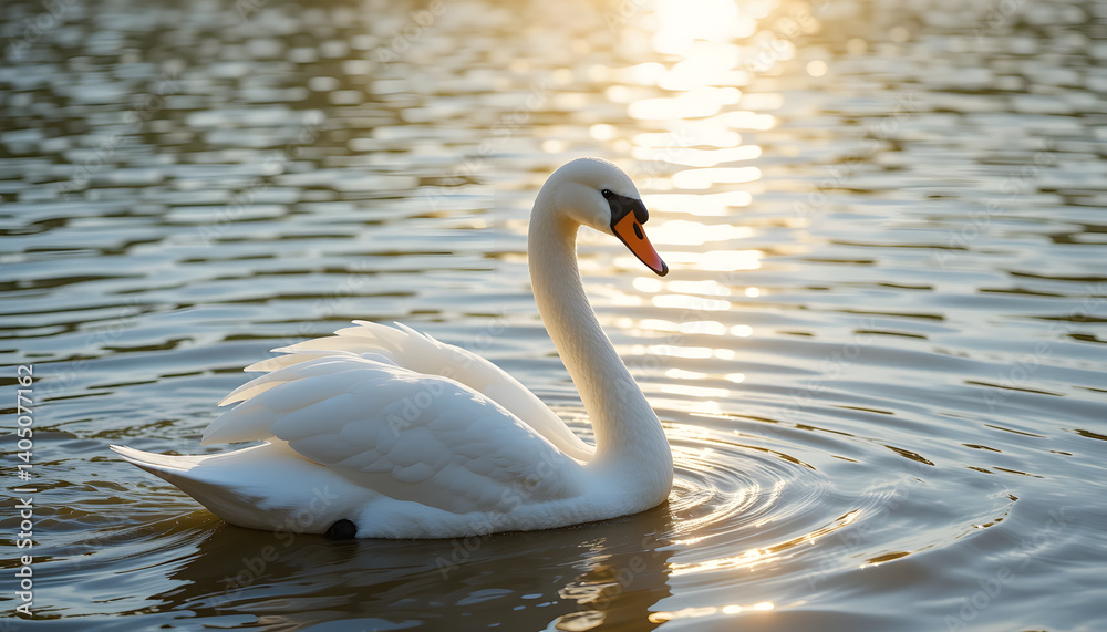 White swan swimming in lake water with sun light shining through the water surface nature photography White swan swimming in lake water with sun light shining through the water surface nature photography